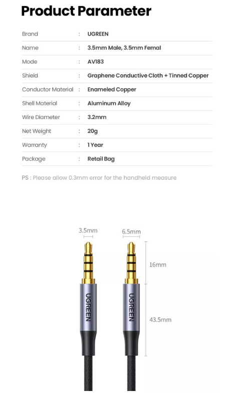 CABLE 3.5MM MACHO A 3.5MM MACHO AV183 20782 UGREEN 2M AZUL